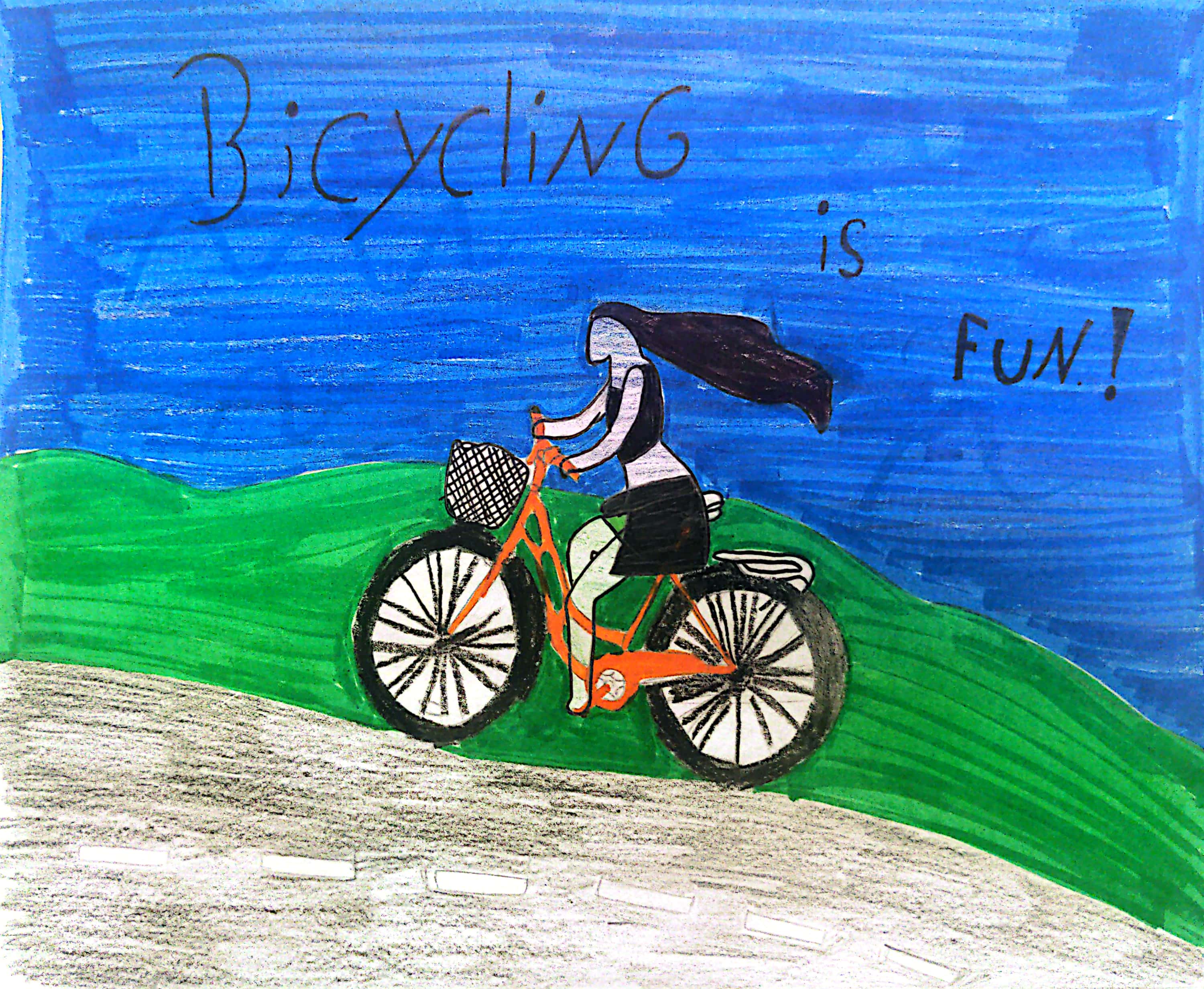 Student artwork of fully colored page with blue sky, green hills and bike path. Title 